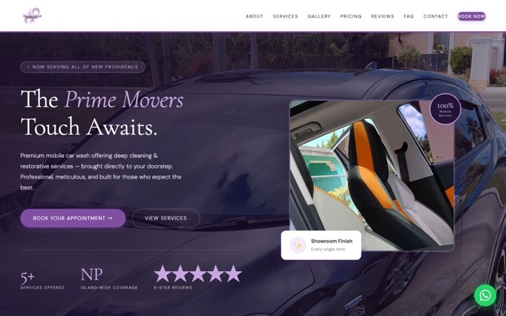 Homepage of the Prime Movers Mobile Car Wash website, designed and built by Prizmek